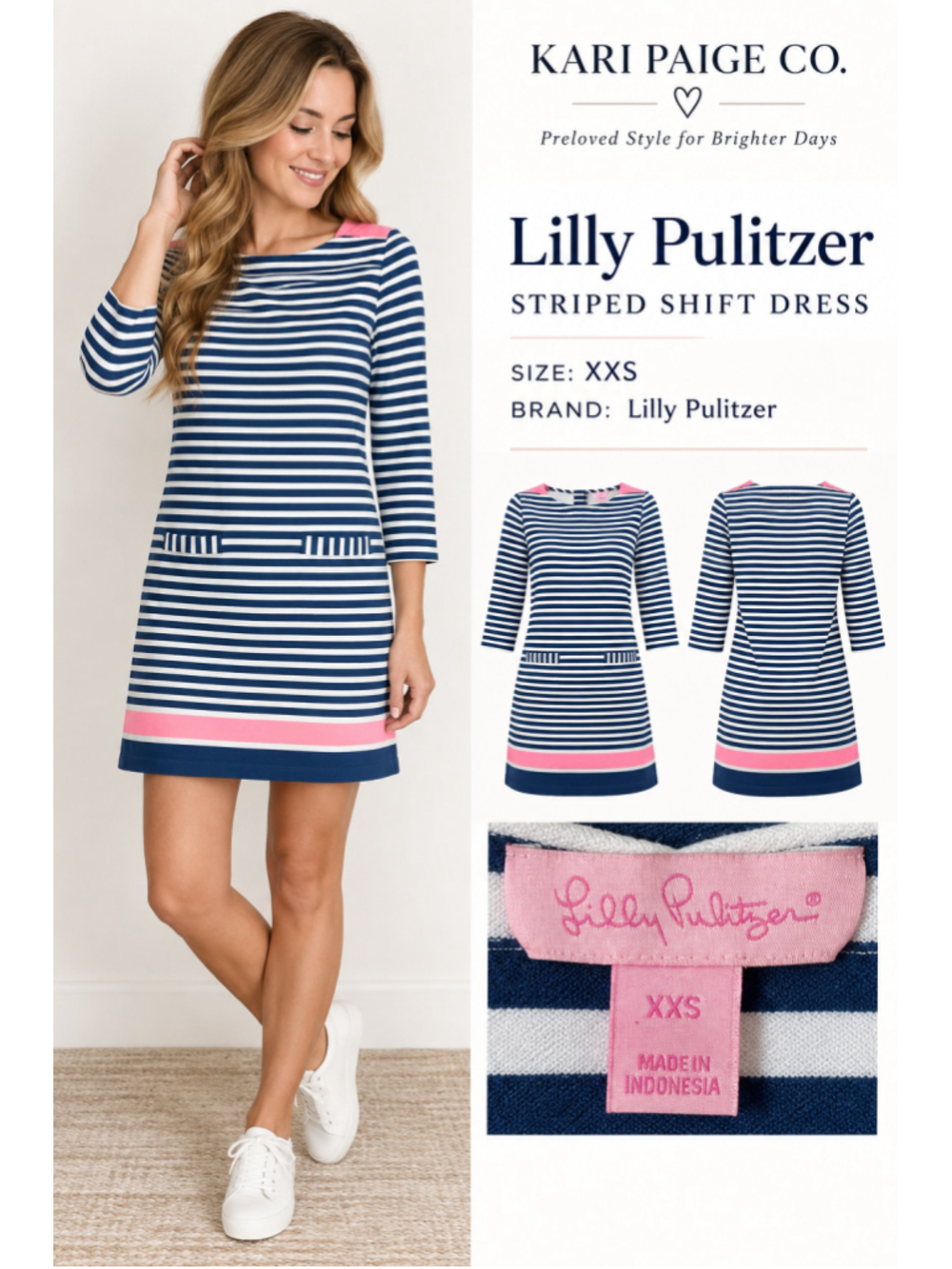 Lilly Pulitzer Pink Label XXS Navy White Striped Shift Dress Pink Nautical